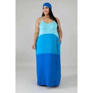 Goodtime USA Womens Plus 1X 2X Maxi Dress w/ POCKETS Colorblock Blue NWT